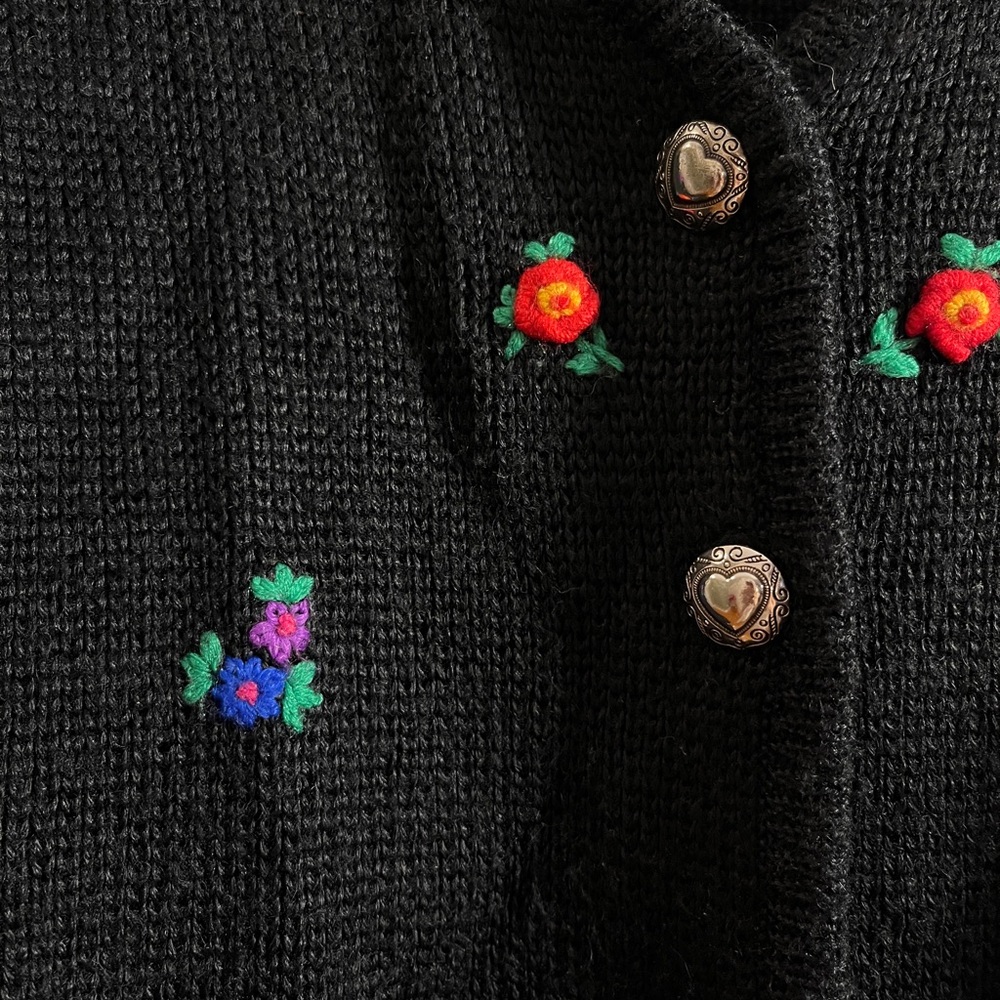Black Knit Cardigan with Floral Embroidery